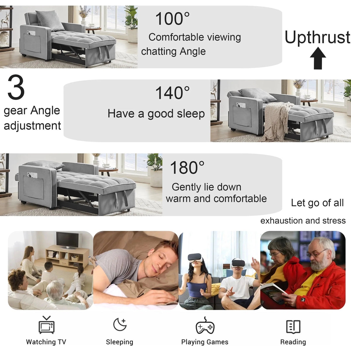 Muumblus Sleeper Sofa Chair Bed, 3-in-1 Convertible Sofa Chair with Pull Out Bed, Modern Adult Velvet Pull Out Sofa Bed for Living Room Apartment Small, Gray