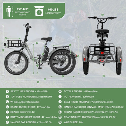 ABORON 3.0 Fat Tire Electric Trike for Senior Foldable E-Bike, 500W Motorized Tricycle Adult 20" Folding 3 Wheel Electric Commute Bike Trike w/48V Battery and Storage Baskets,