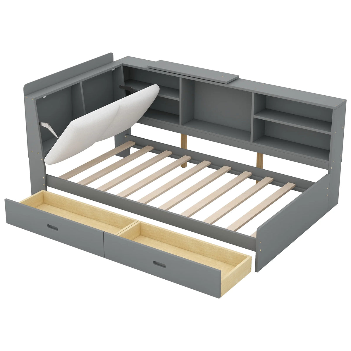 Euroco Wood Twin Size Platform Bed with Storage Headboard and Shelves, 2 Drawers Floor Bed for Kids, White