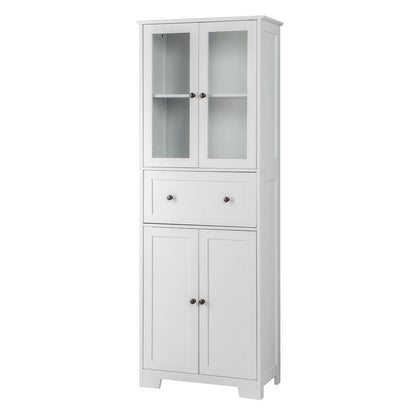 Ktaxon 64" Tall Bathroom Storage Cabinet Organizer, Freestanding Kitchen Pantry Cabinet Line Tower with 2 Glass Doors, Large Drawer & 4 Adjustable Shelves for Dining Room Living Room Home Office,White