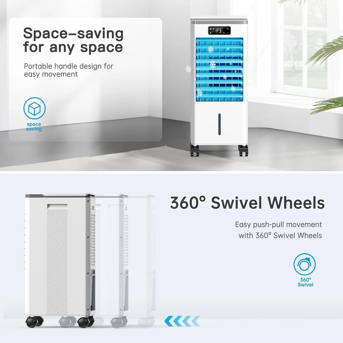Portable Windowless Air Cooler with 3 Cooling Modes & Speeds, 12H Auto-Off Timer, 2-Gal 20H Cooling Tank, 16FT Remote Control, No Hose Installation, 46dB Quiet Evaporative Swamp Cooler