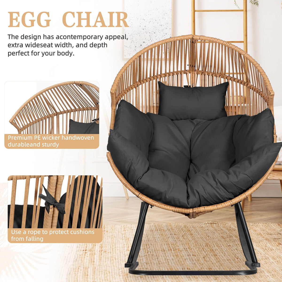Walsunny Egg Chairs Outdoor Patio Wicker Oversized Egg Shell Lounger Lawn Chair with Cushion for Indoor Outside Porch Balcony Backyard, Original Wood Color Rattan Beige Cushion