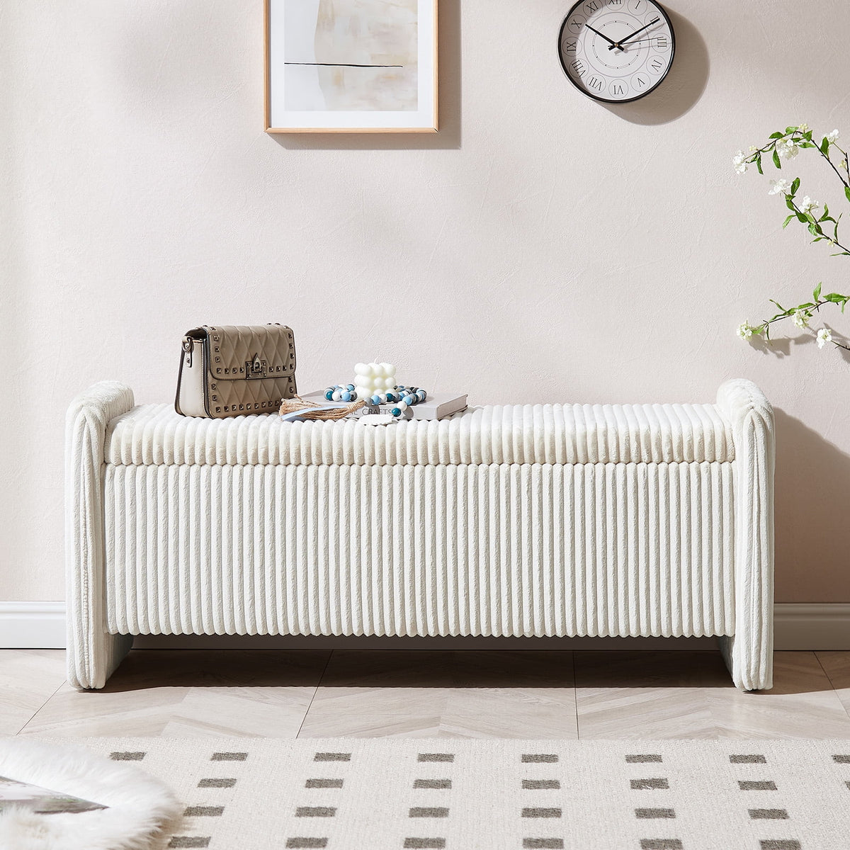 Pinmoco 44" Storage Ottoman Bench, Upholstered Entryway Bench with Storage End of Bed Bench for Bedroom& Living Room, Corduroy Gray
