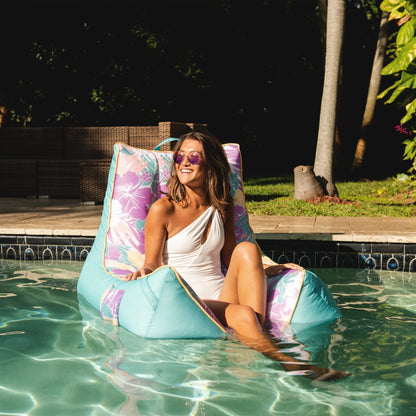 Big Joe Captain's Float No Inflation Needed Pool Lounger with Drink Holder, Tropical Hibiscus Aqua Double Sided Mesh, Quick Draining Fabric, 3 feet