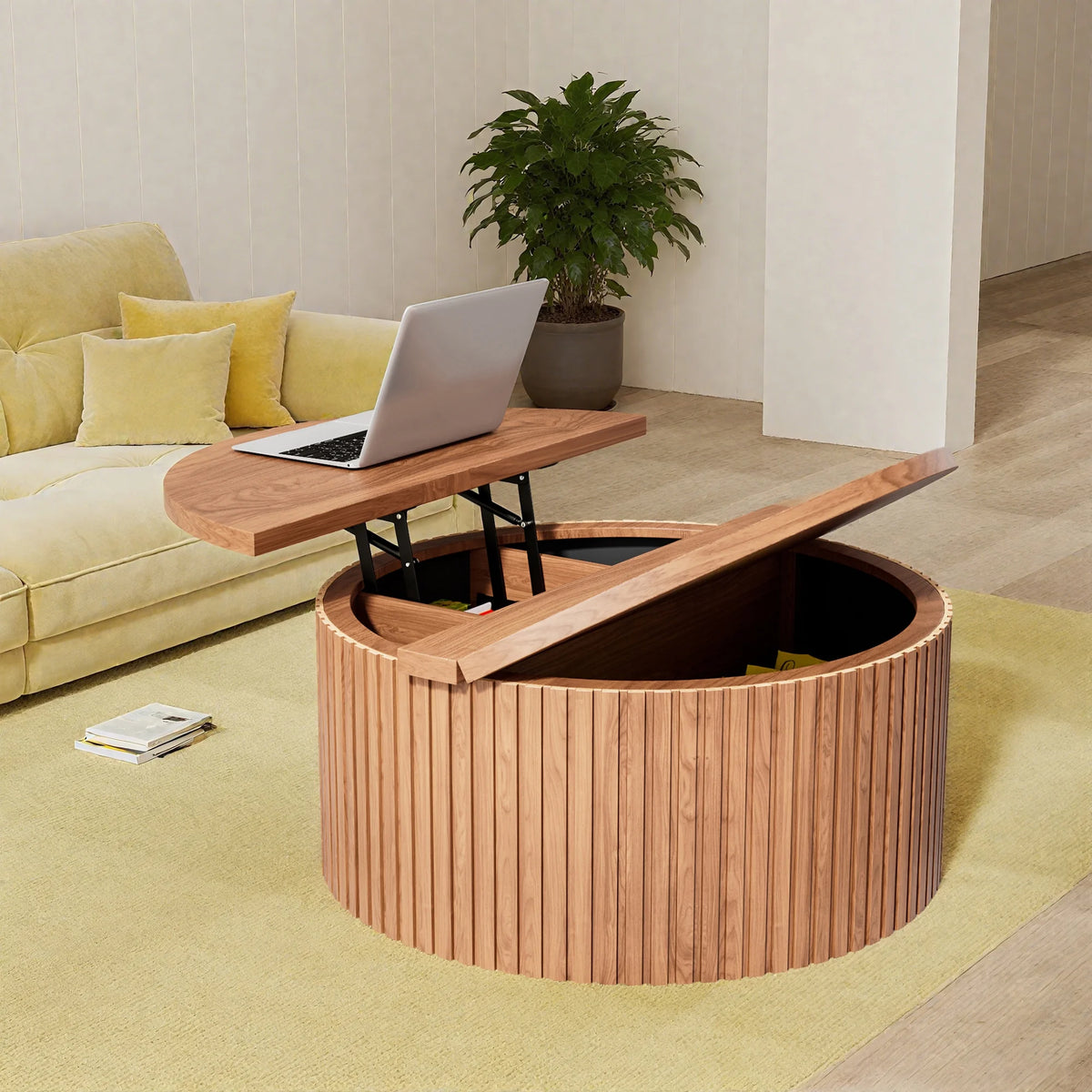 Oubayajia Round Coffee Table with Storage, Wood Lift Top Coffee Table, Waveform Panel, Natural
