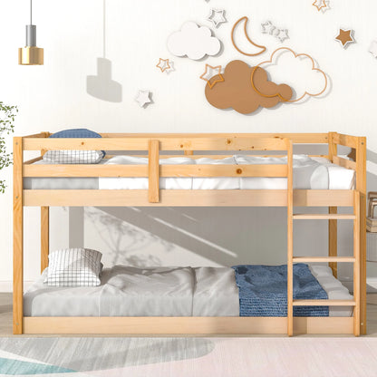 Twin Over Twin Floor Bunk Bed, UHOMEPRO Solid Wood Low Bunk Bed with Safety Rail, Ladder, Heavy Duty Bunk Beds, Space-Saving Bedroom Dorm Furniture, Gray