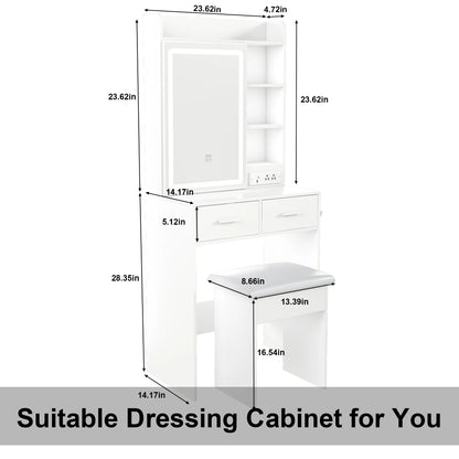 Montary Modern Mini Vanity w/Adjustable LED Mirror + Hidden Storage, Padded Stool & Dustproof Shelves (White)