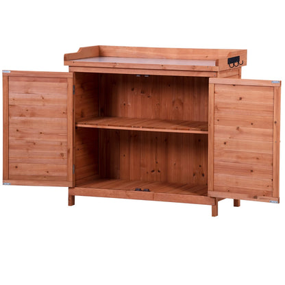 Outdoor 39" Potting Bench Table, Rustic Garden Wood Workstation with 2-Tier Shelves and Side Hooks, Orange