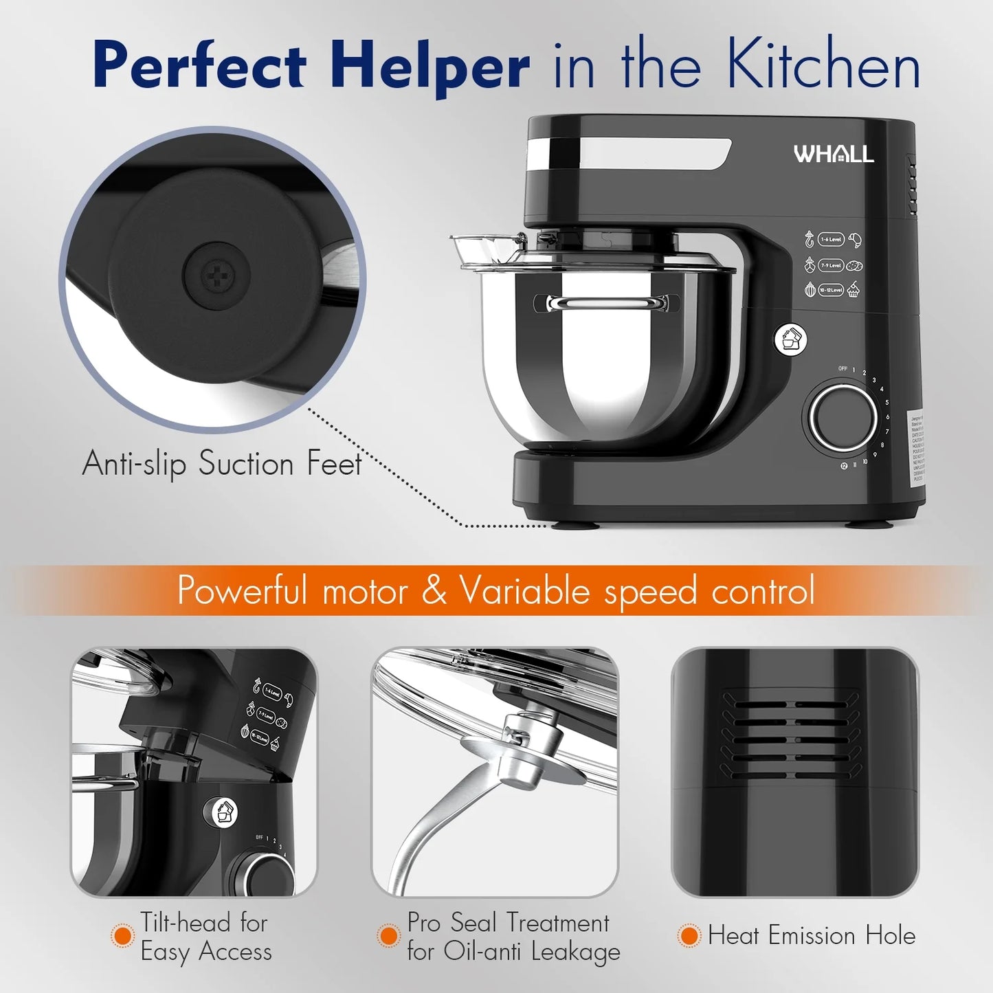 WHALL Stand Mixer - 5.5Qt 12-Speed Tilt-Head Electric Kitchen Mixer with Dough Hook/Wire Whip/Beater, Stainless Steel Bowl (Black) New