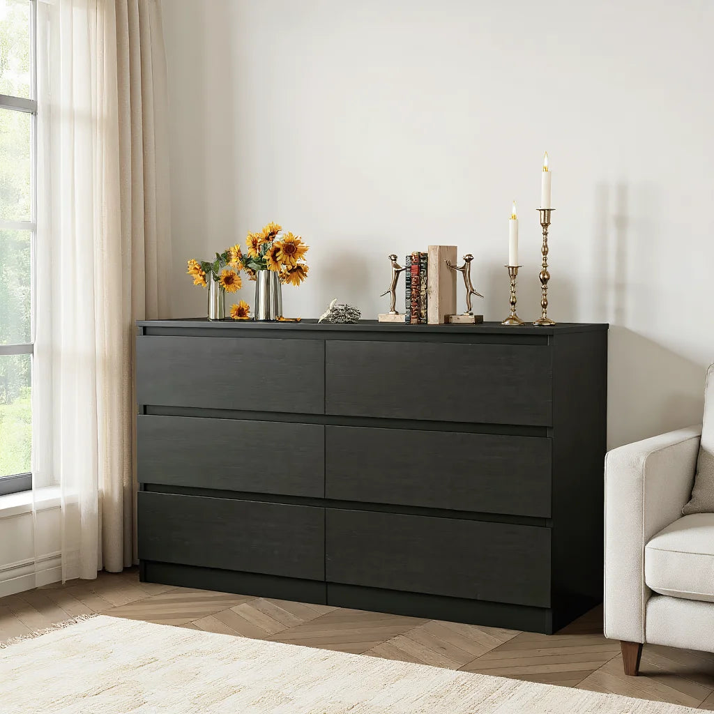 Kadyn Modern 6 Drawer Dresser Wood Cabinet,Dresser for Bedroom, Kitchen Storage Cabinet with Drawers, Chest of Drawers(Black)