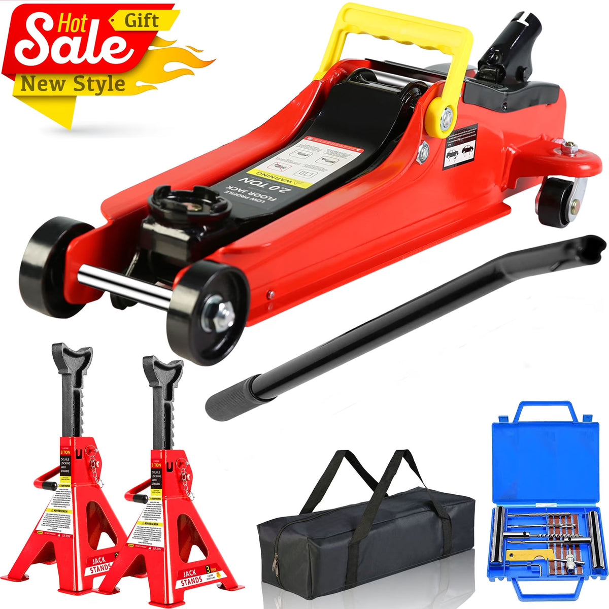 POVANLI Floor Jack, 2 Ton Low Profile Floor Jack, 3t jack stand Tire Repair Kit Heavy Duty Steel Racing Floor Jack with Single Piston Quick Lift Pump, Floor Jack Lifting Range 3.3"-15.2"