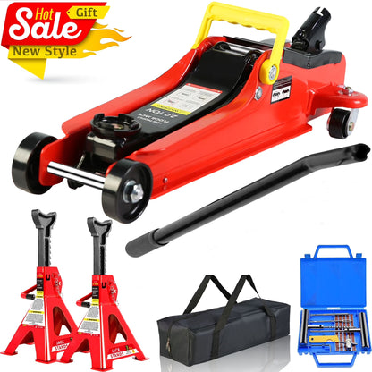 POVANLI Floor Jack, 2 Ton Low Profile Floor Jack, 3t jack stand Tire Repair Kit Heavy Duty Steel Racing Floor Jack with Single Piston Quick Lift Pump, Floor Jack Lifting Range 3.3"-15.2"