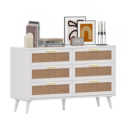 Rovaurx 6 Drawer Double Dresser Chest, Bedroom Chest of Dressers, Rattan Beside Table, Natural