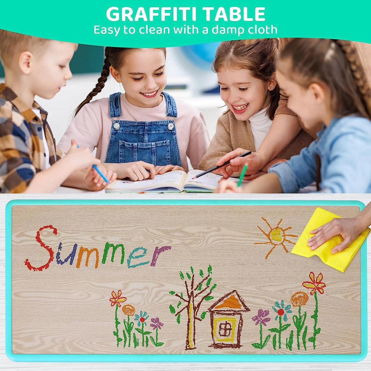 Arlopu Adjustable Kids Table and 6 Chairs Set, Toddler Play Activity Table Set with Graffiti Tabletop, Preschool Kids Furniture Table Set for Reading, Drawing, Eating