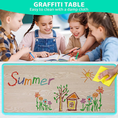 Arlopu Adjustable Kids Table and 6 Chairs Set, Toddler Play Activity Table Set with Graffiti Tabletop, Preschool Kids Furniture Table Set for Reading, Drawing, Eating