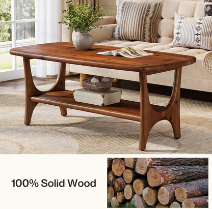 Fimind Solid Wood Coffee Table, 47.24" Mid-Century Modern Rectangle Center Table with 2-Tier Storage Shelf for Living Room, Small Space