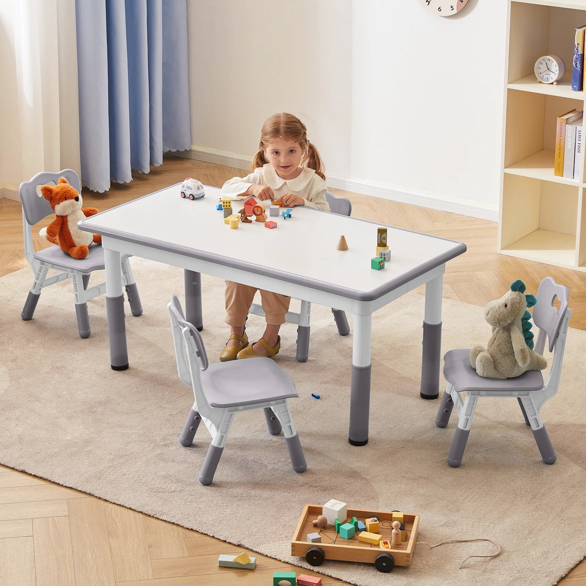 Toddler Table and Chairs Set for 4, 47.2''L x 23.6''W Kids Study Table and Chair Set, Height-Adjustable, Graffiti Desktop, Children Activity Table for Daycare, Classroom, Home