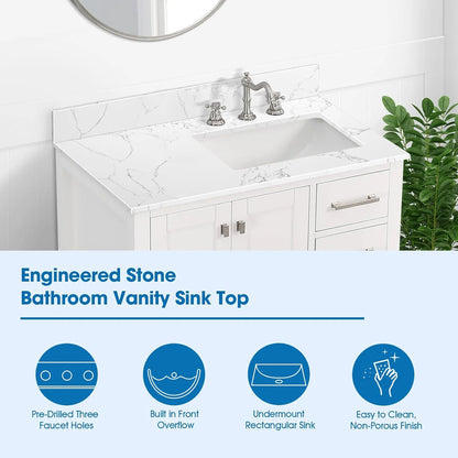 36x22 Engineered Stone Vanity Sink Top, White Bathroom Countertop with Undermount Left Sink, Vanity Top with 8 inch 3 Faucet Hole Spacing and Backsplash