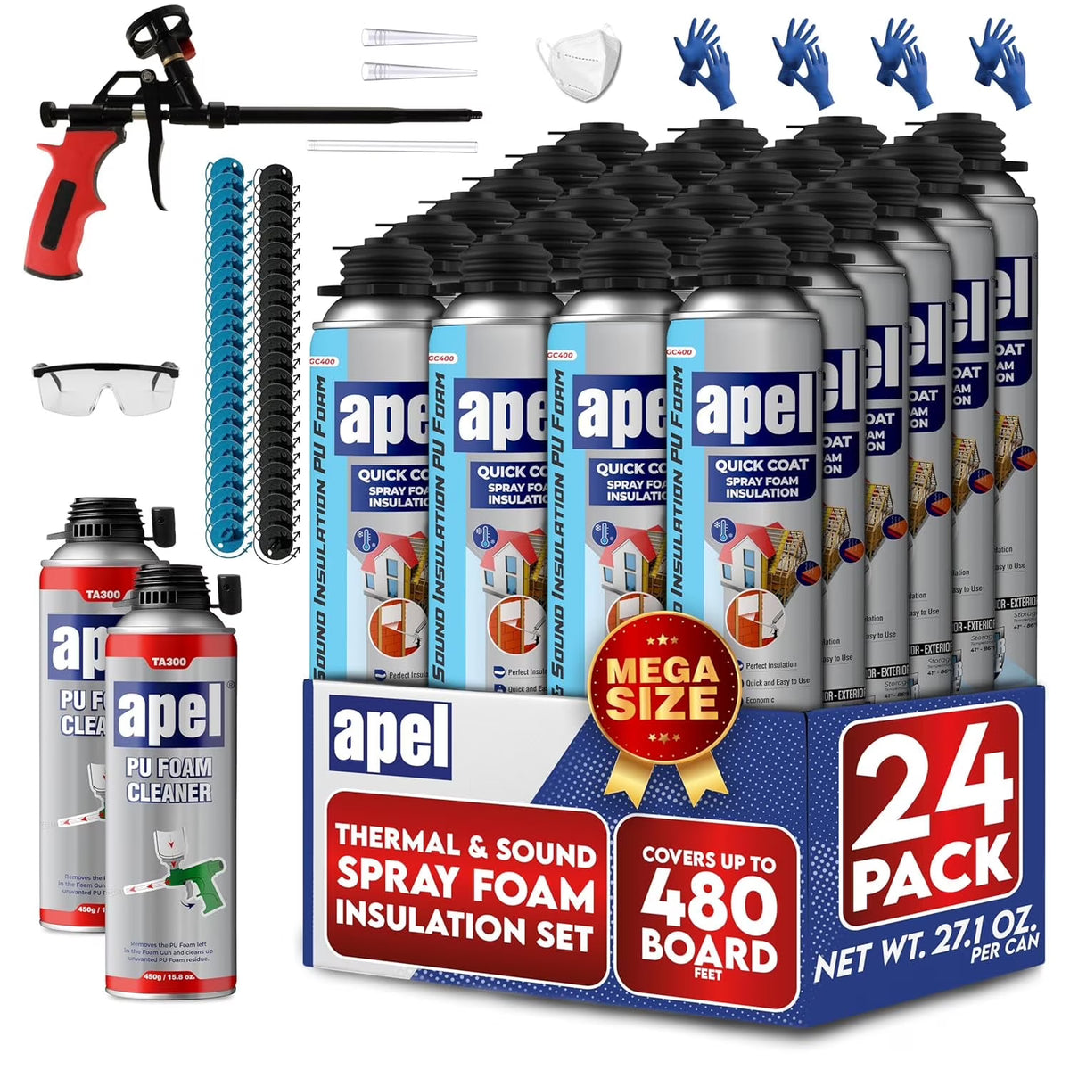 apel Spray Foam Insulation Kit (12 x 32.80 oz./240 Bd ft) Heat and Acoustic Insulation, Self Expanding Polyurethane Foam, Application Gun and Cleaner Included - 12 Pack