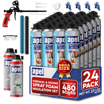 apel Spray Foam Insulation Kit (12 x 32.80 oz./240 Bd ft) Heat and Acoustic Insulation, Self Expanding Polyurethane Foam, Application Gun and Cleaner Included - 12 Pack