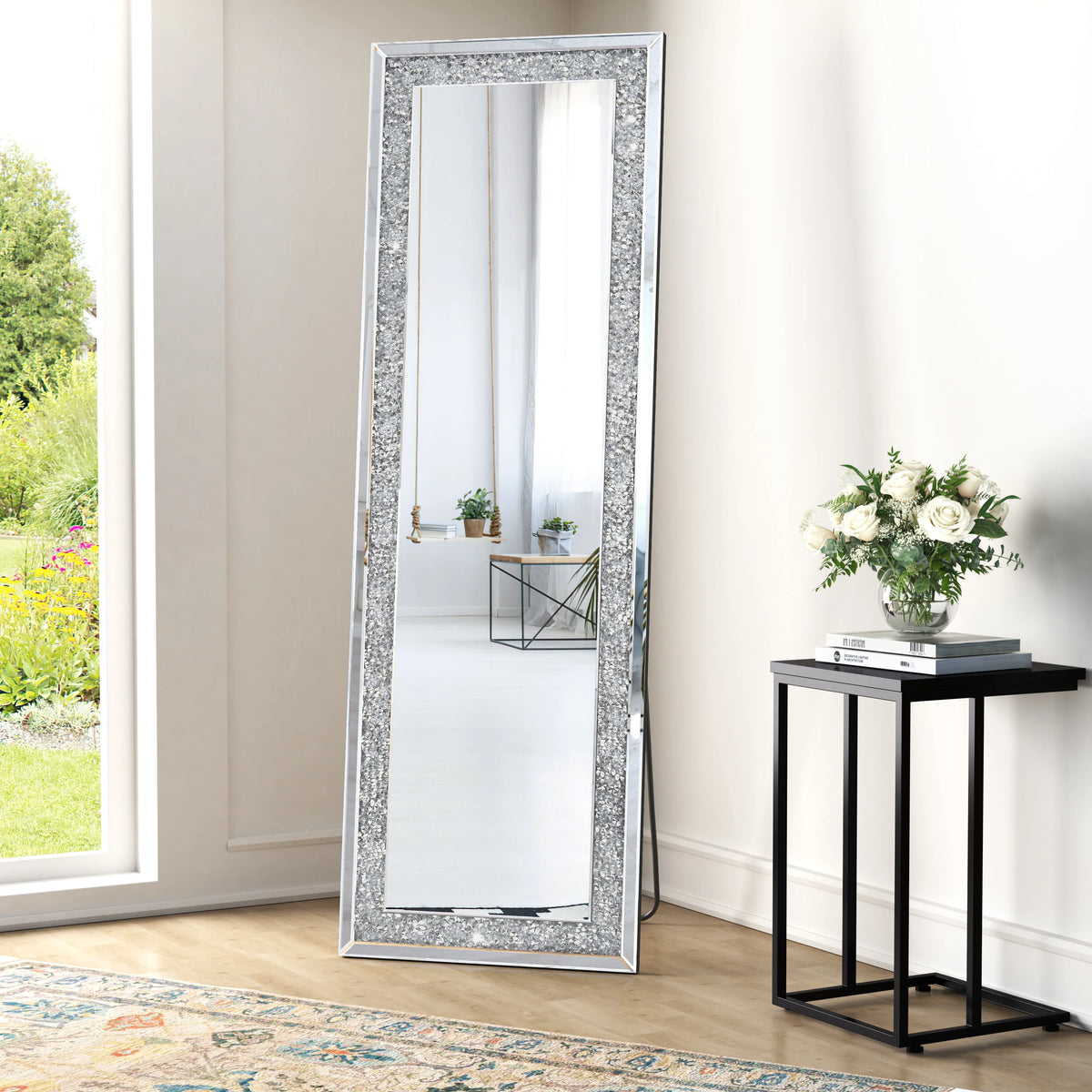 KOHROS 58"x18" Crystal Full Length Standing Floor Mirror Full Body Mirror Silver