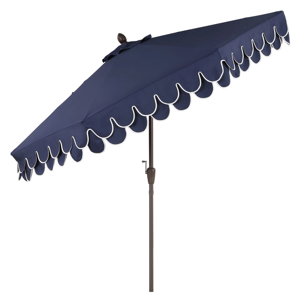 JONATHAN Y Tracy 9 ft. Market Patio Umbrella, Classic Mid-Century Scalloped Fringe, with Auto-Tilt Crank, Wind Vent and UV Protection, Coral Pink/White, Dark Brown Pole