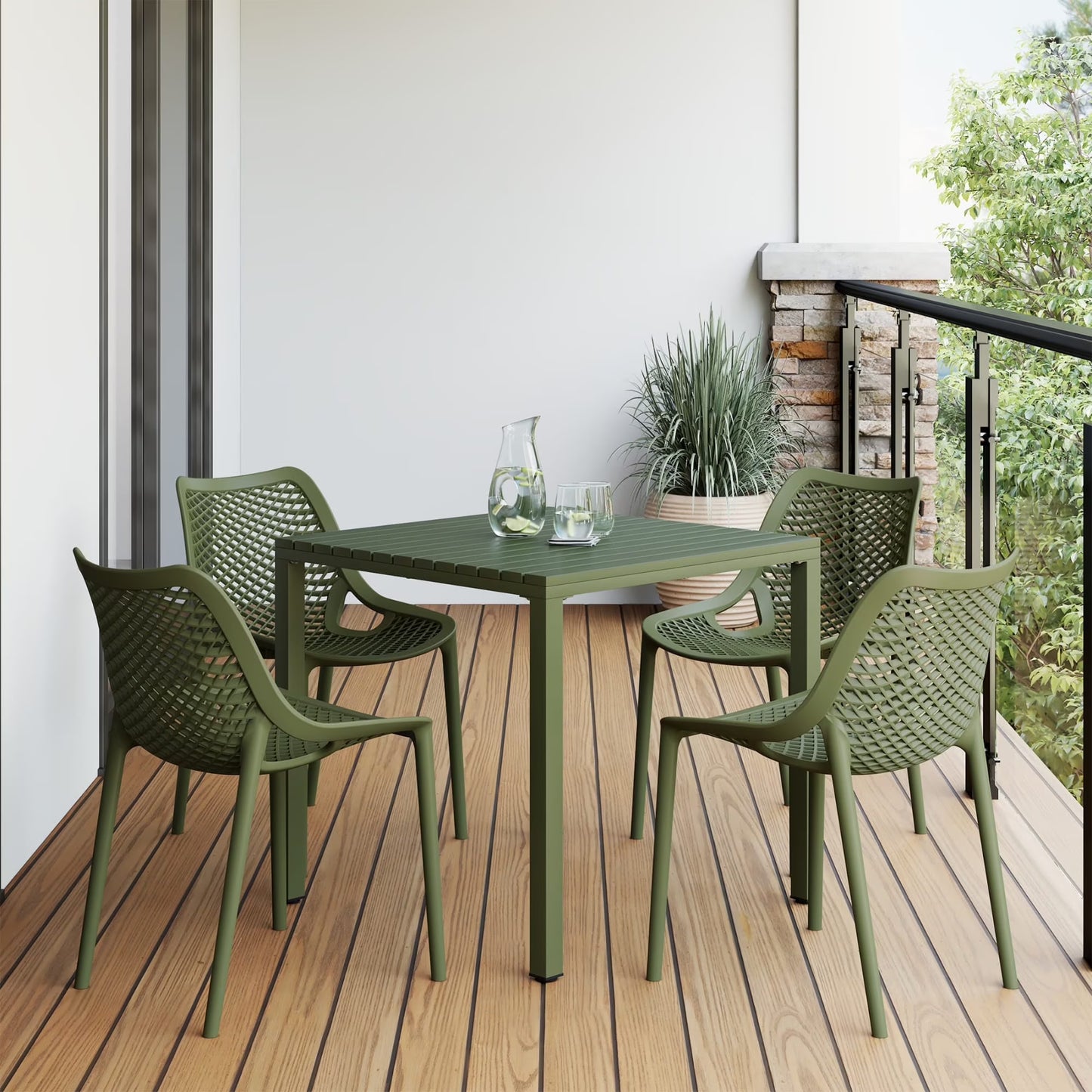 WestinTrends Playa 5-Piece Outdoor Patio Metal Frame Dining Table Set with Stackable Patio Dining Chairs, Olive Green
