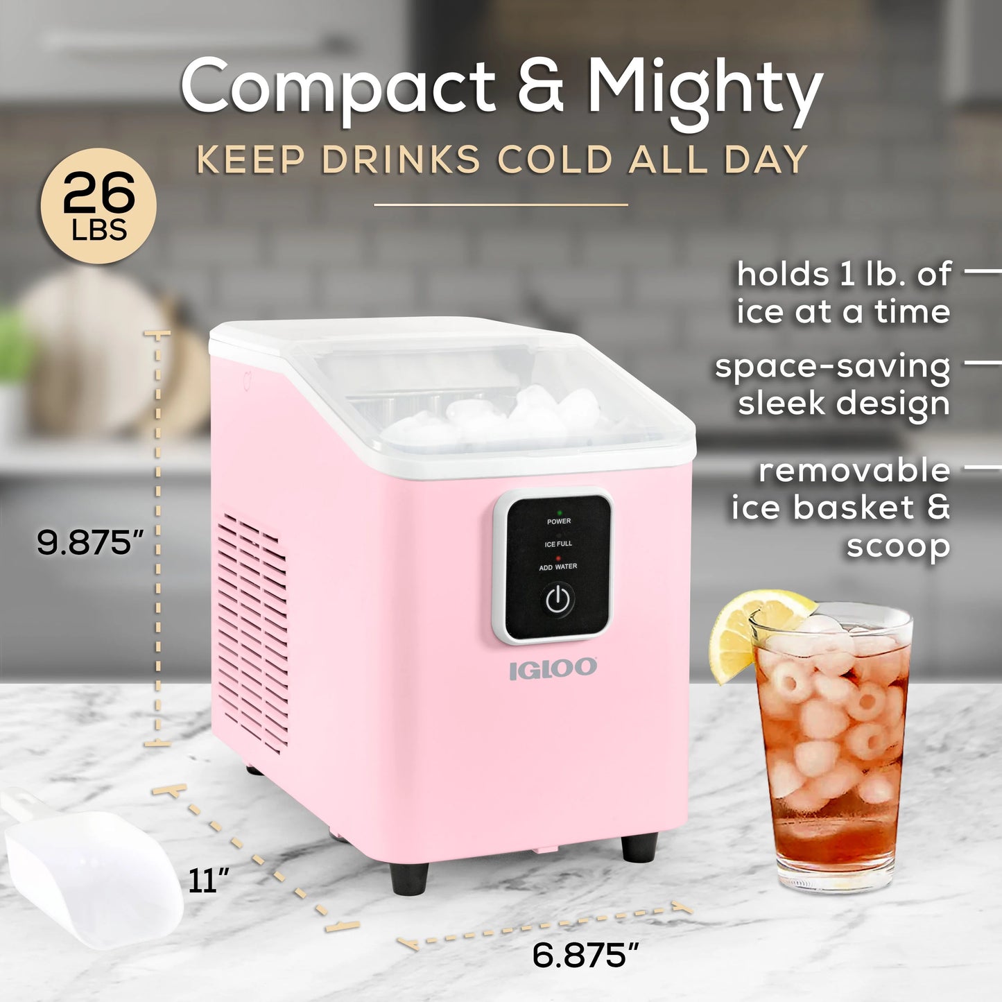 Igloo Self-Cleaning Countertop Ice Maker - Compact and Portable - Creates 26 lbs. Per Day, 8 Pieces Ready Every 7-8 Minutes - Includes Ice Scoop and Basket - Aqua
