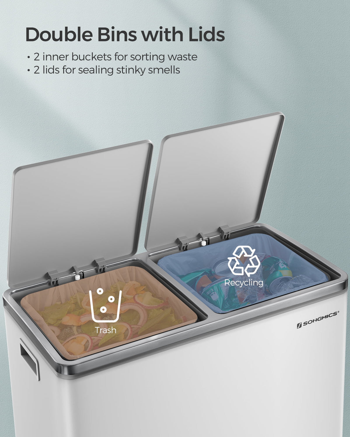 16 Gallon Dual Trash Can, Rubbish Bin and 15 Trash Bags, Metal, Almond Color