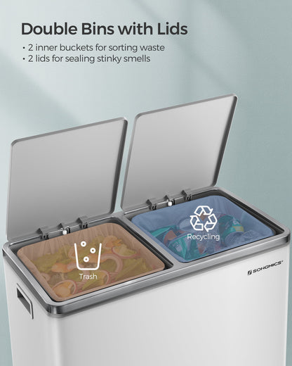 16 Gallon Dual Trash Can, Rubbish Bin and 15 Trash Bags, Metal, Almond Color