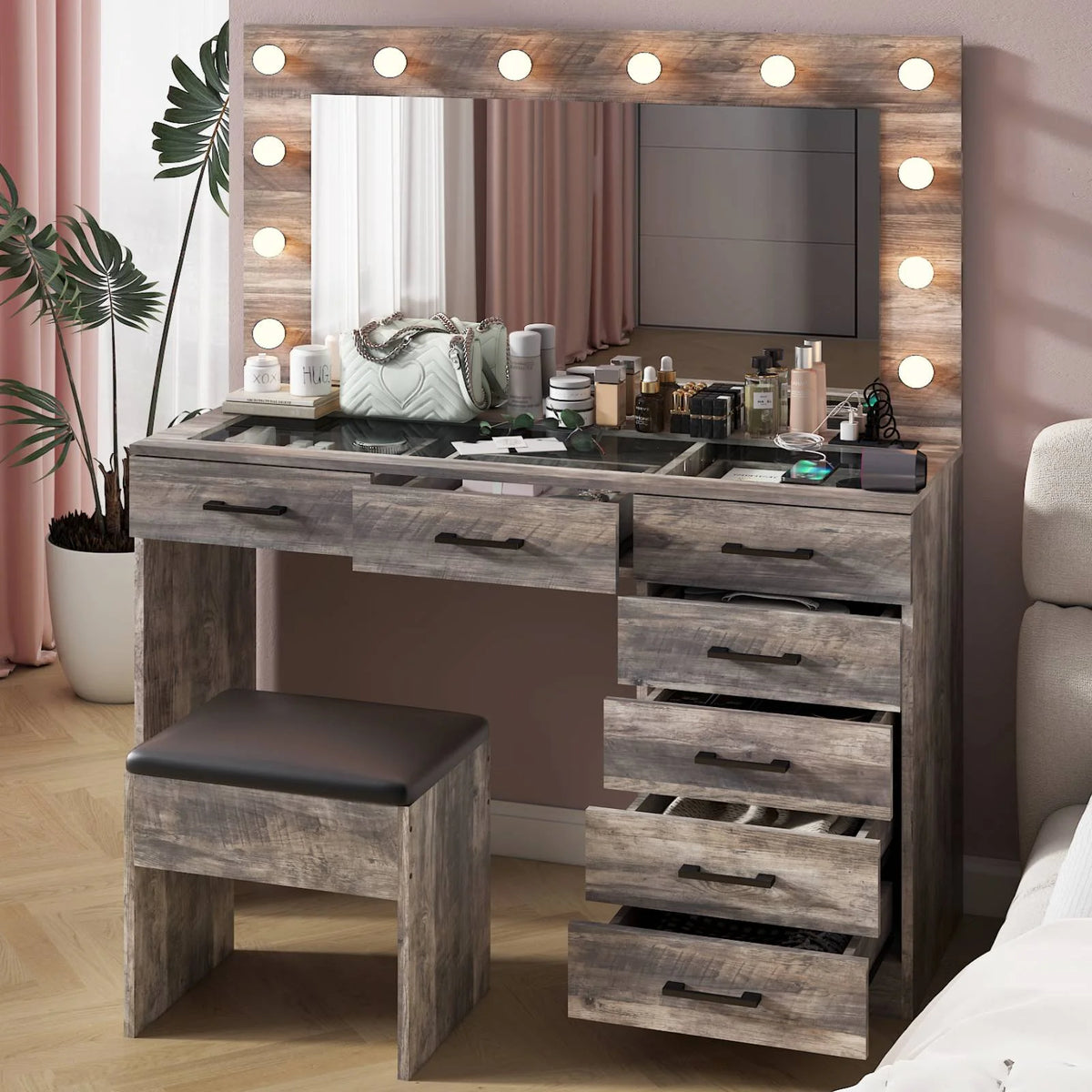 Ktaxon Large Makeup Vanity, Vanity Table Set w/ Visible Glass Top w/ Charging Station, White