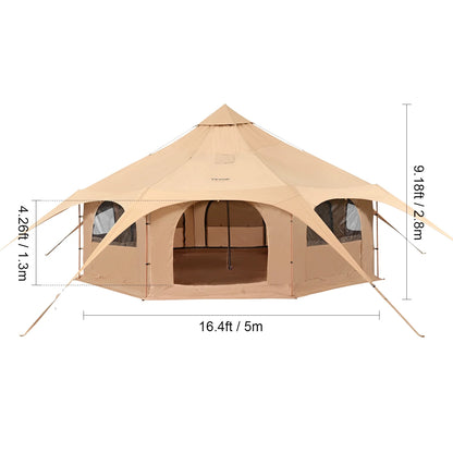 VEVOR Canvas Tent, 4 Seasons 5 m/16.4 ft Bell Tent, Canvas Tent for Camping with Stove Jack, Breathable Yurt Tent for up to 8 People, Family Camping Outdoor Hunting Party