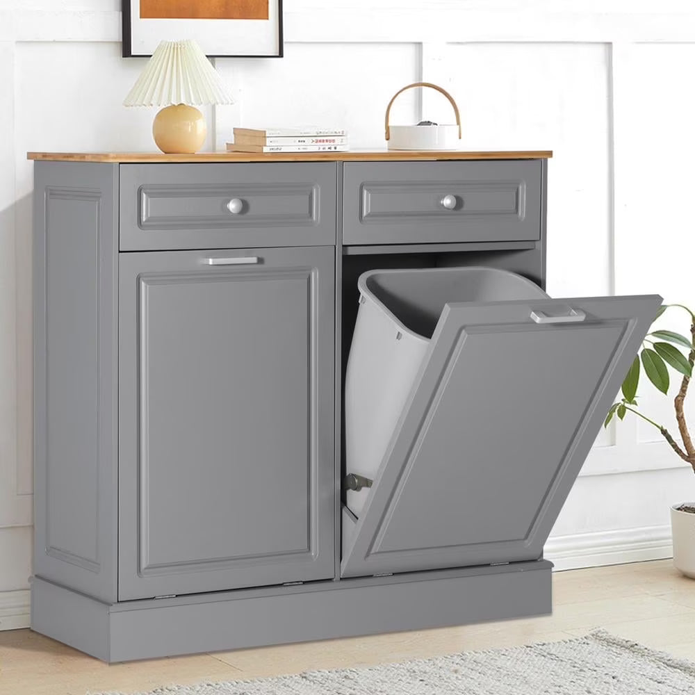 Eclife 20 Gallons Double Tilt Out Trash Cabinet Wood Tabletop, Upgrade Gray, WB010GY