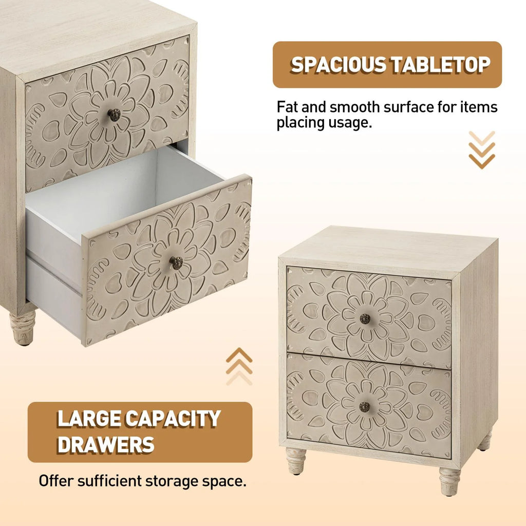 FOROUTIA Wooden Nightstand with 2 Drawers,Vintage MDF Bedside Tables with Storage