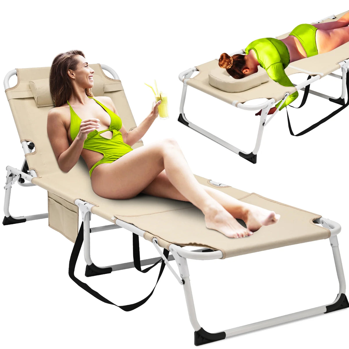 Slsy Folding Lounge Chair, 5-Position Adjustable Outdoor Reclining Chair, Folding Sleeping Bed Cot, Folding Chaise Lounge Chair for Pool Beach Patio Sunbathing