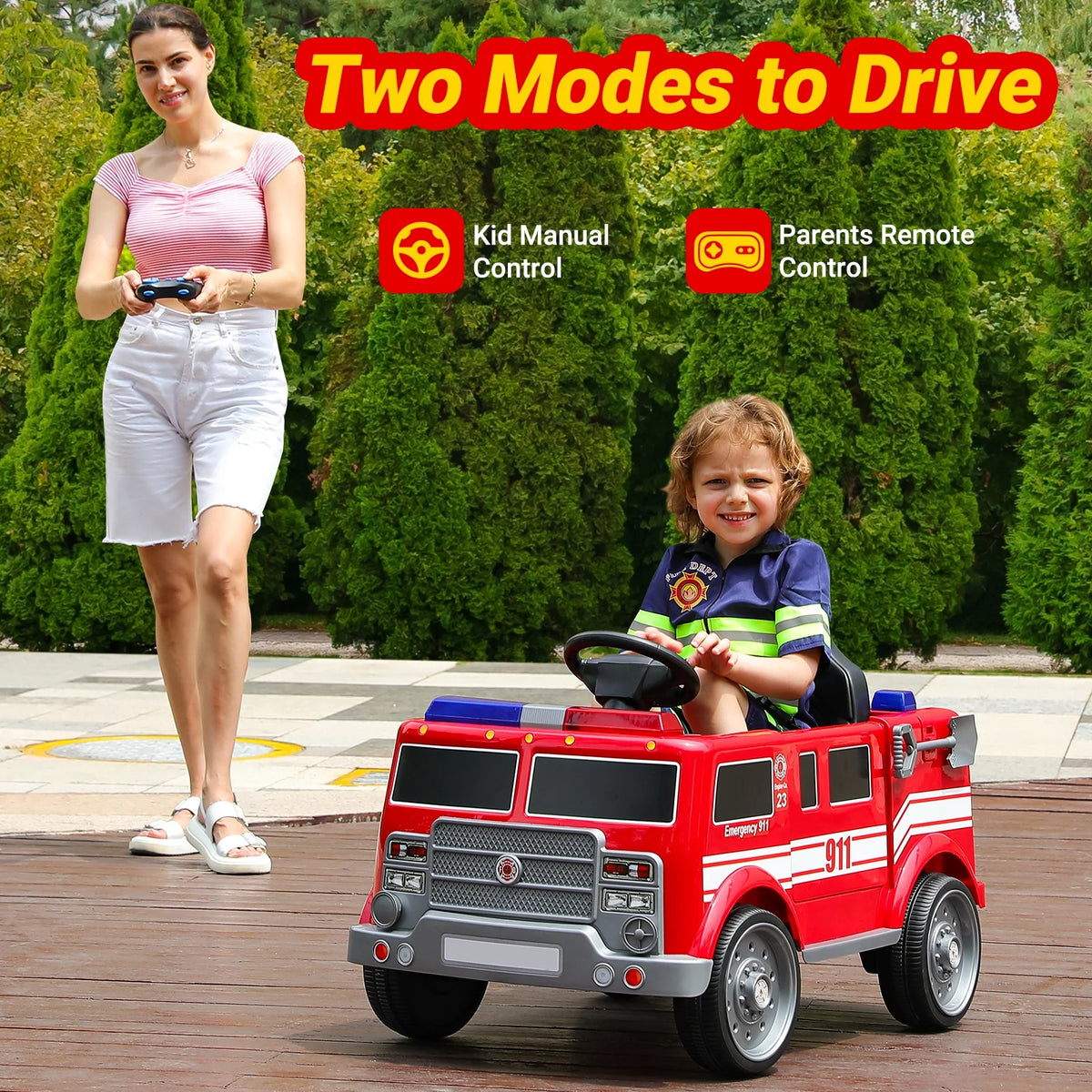 Bobiber Ride on Fire Truck, 12V Battery Powered Ride-On Toy Vehicle with Remote Control, Megaphone, Flashing Lights, Siren and Fire Extinguisher - For Boys and Girls Ages 3-6
