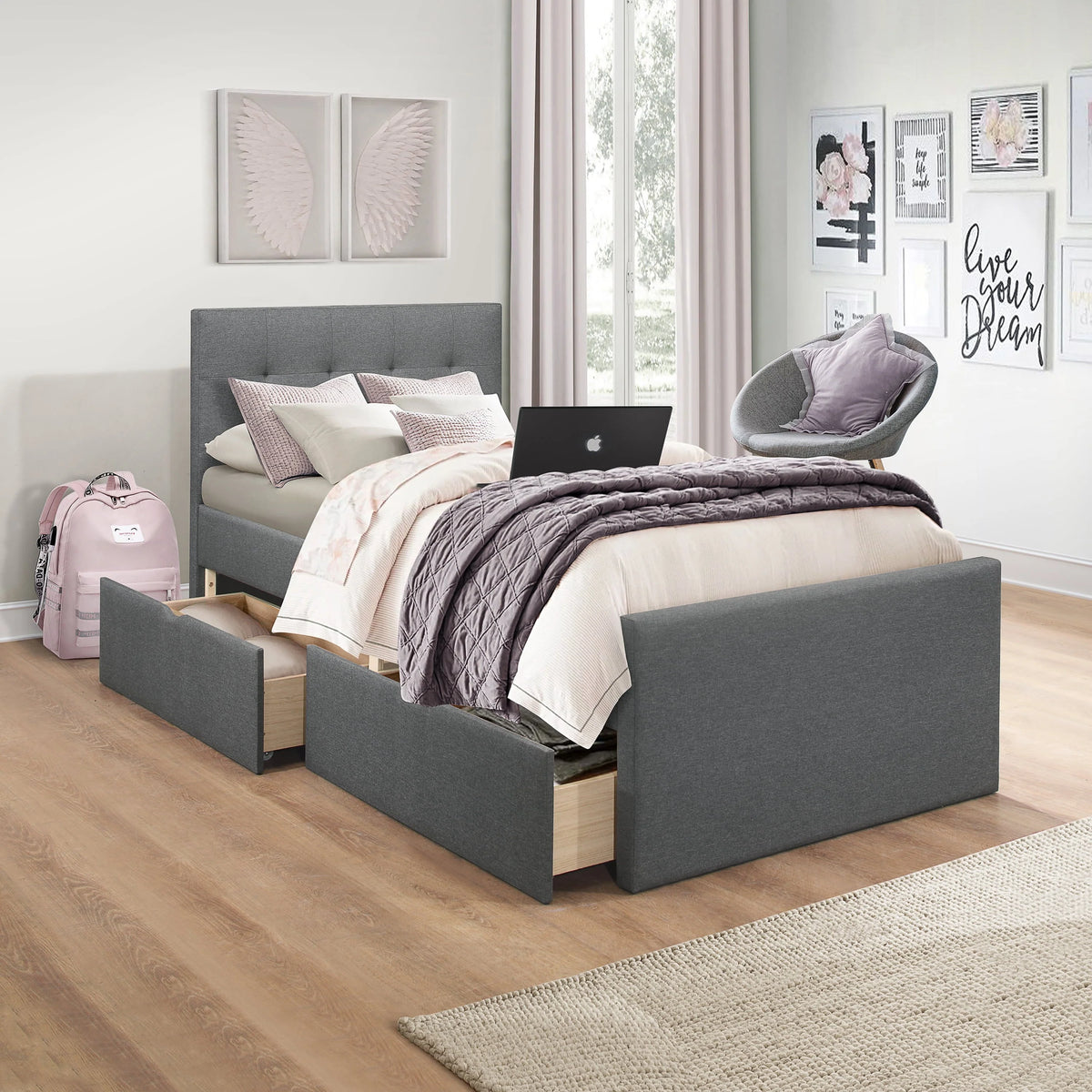 Emory Upholstered Twin Platform Bed with 2 Storage Drawers, Gray, by Hillsdale Living Essentials