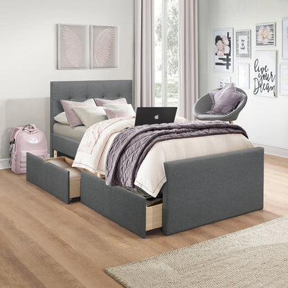 Emory Upholstered Twin Platform Bed with 2 Storage Drawers, Gray, by Hillsdale Living Essentials