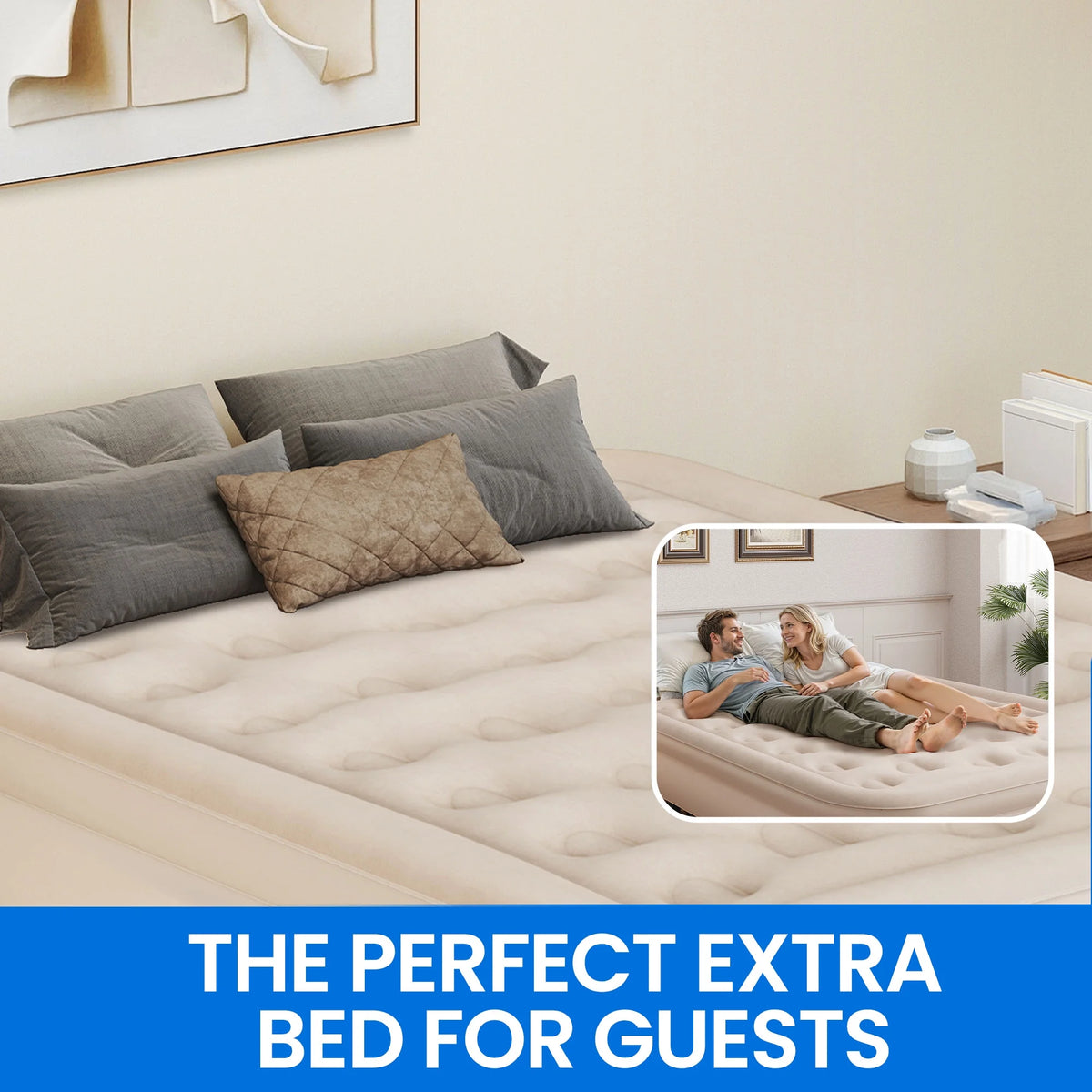 Dextrus Inflatable Queen Air Mattress with Built-in Pump, Frame, Velvet Surface & Portable Storage Case, Khaki