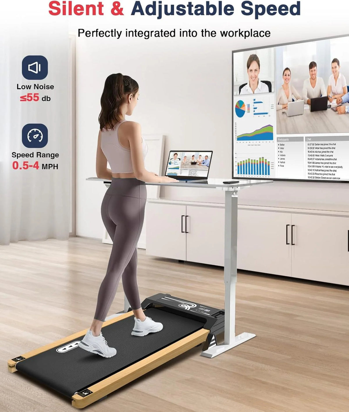 Ecotronic Indoor Electric Walking Pad with Natural Wood Finish, 2.25HP Motor, LED Display, Remote Control, and Incline