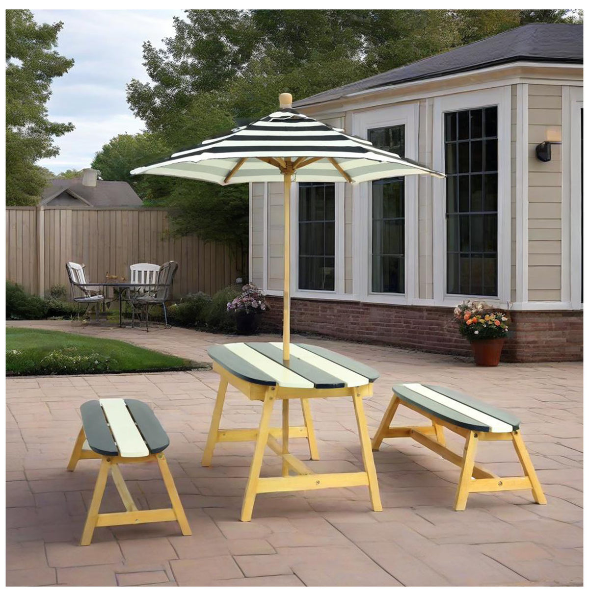 Kids Picnic Table with Umbrella - Dark Blue, Indoor/Outdoor Wooden Table and Bench Set for 4 Children, Play Table for Toddlers, Garden Furniture