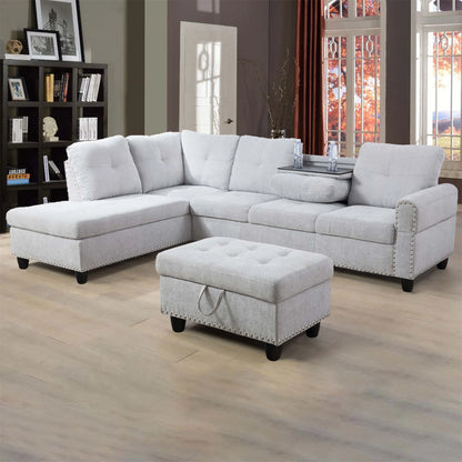 Aukfa 3 Piece Sectional Sofa, Living Room Couch with Storage Ottoman&Cup Holder, Linen, Right Hand, Purple