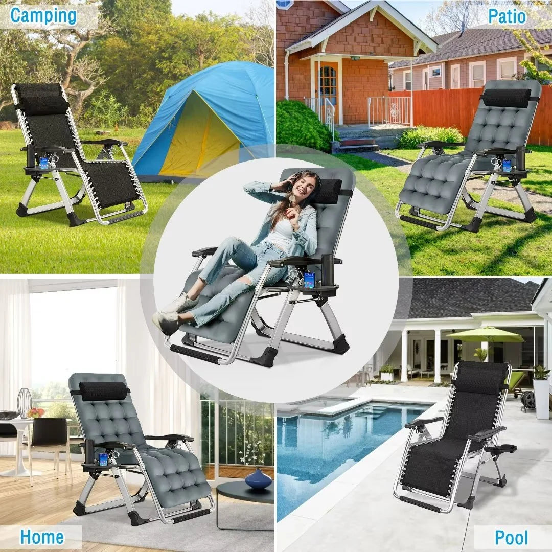 NAIZEA 2 Pack Zero Gravity Chair, Foldable Portable Lawn Recliner with Cushion, Headrest, Cup Holder, Black