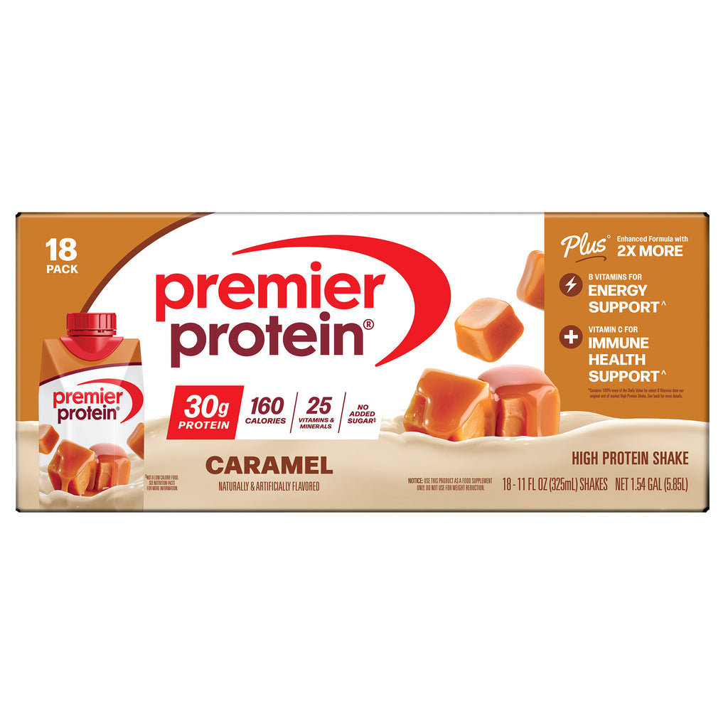 Premier 30g Protein PLUS Energy and Immune Support Shakes, Caramel, 11 fl oz, 18-pack