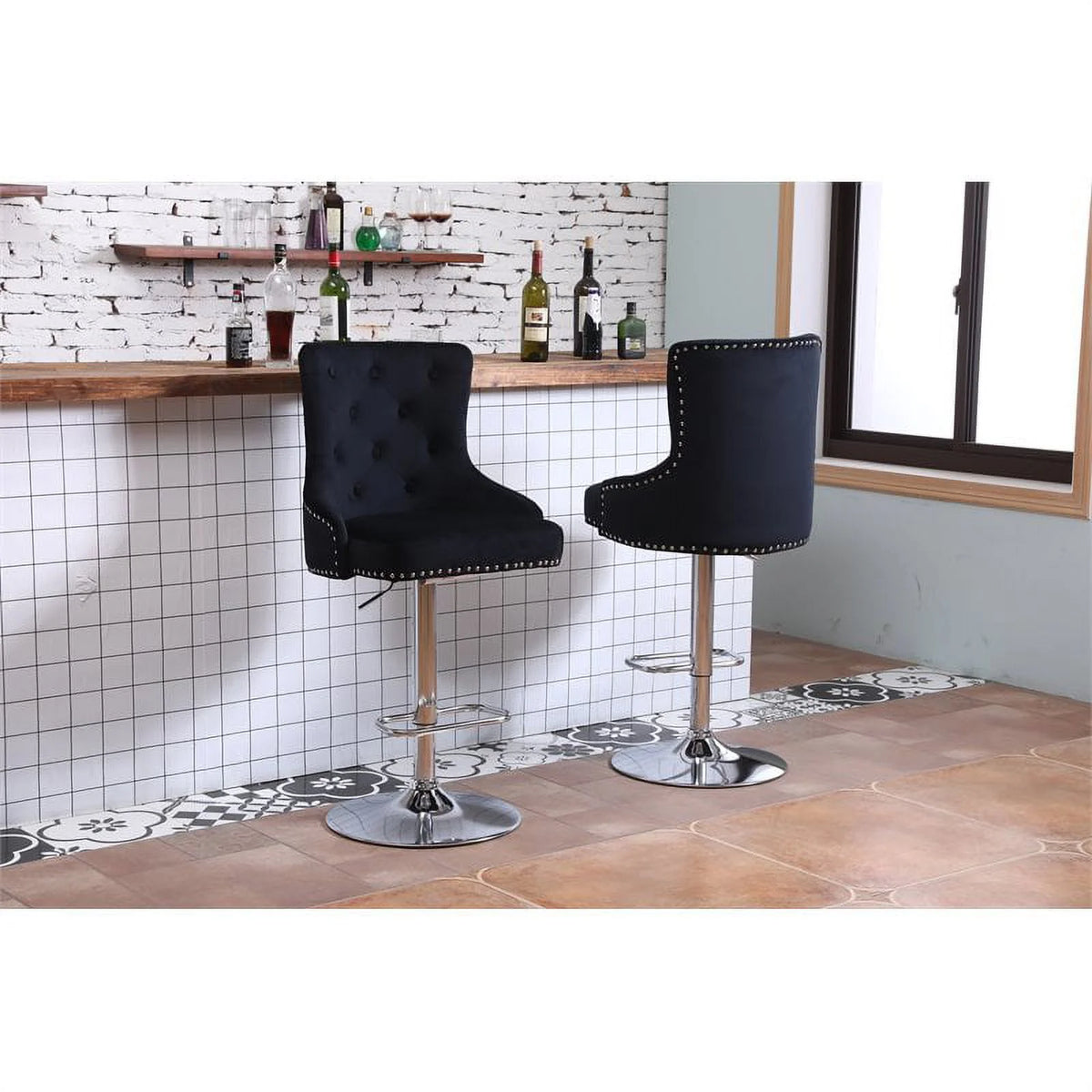 Alexent  2PCS Swivel Bar Stools, High Back, Button Tufted, Silver Footrest and Nailhead Trim Swivel Bar Chairs for Kitchen, Bar Velvet Upholstered Bar Stools, Dark Blue