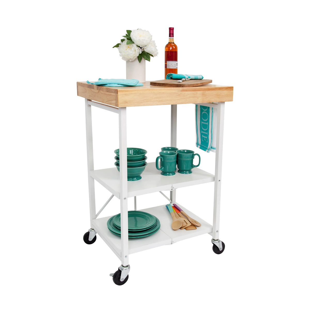 Origami Foldable Wheeled Portable Solid Wood Top Kitchen Island Bar Cart