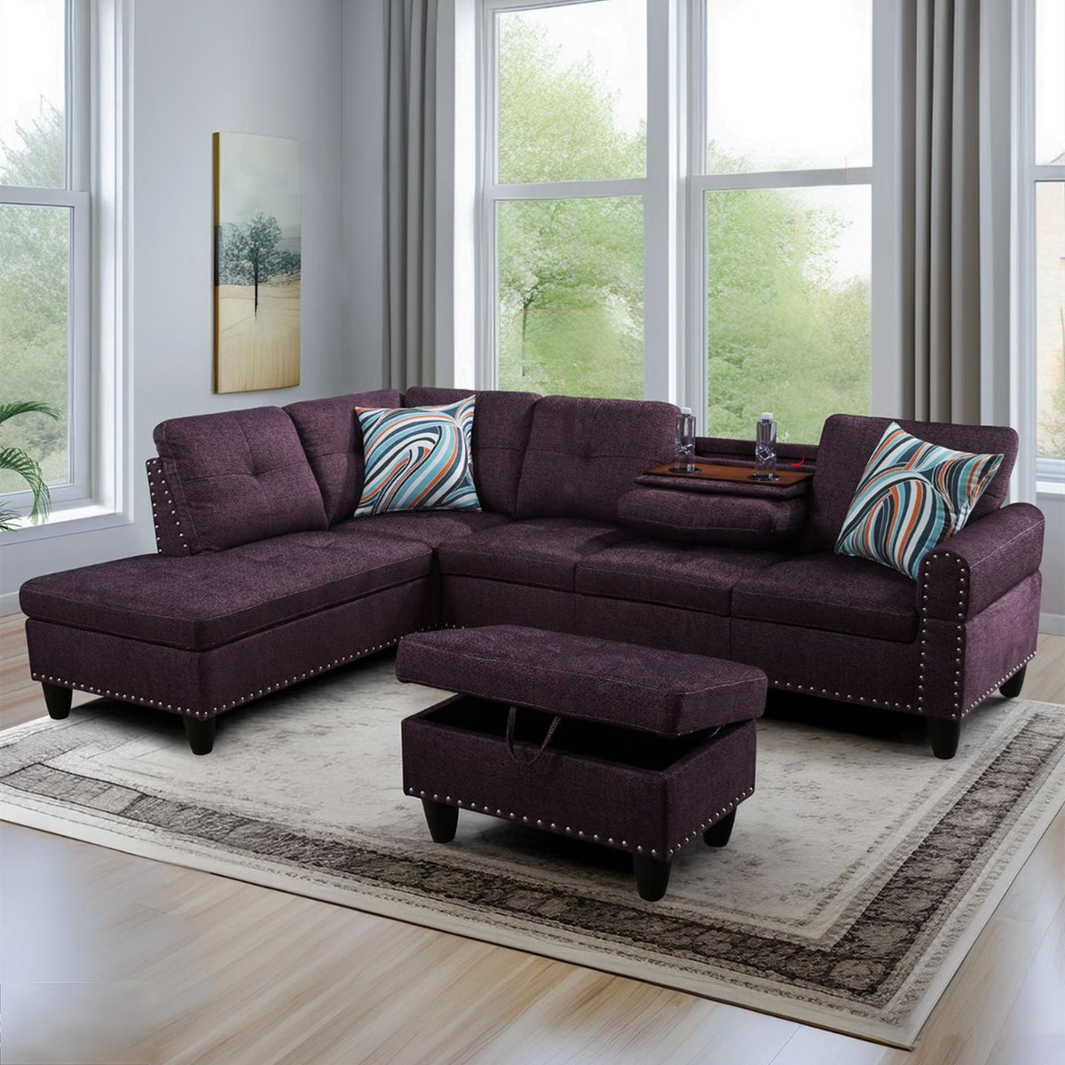 Aukfa 3 Piece Sectional Sofa, Living Room Couch with Storage Ottoman&Cup Holder, Linen, Right Hand, Purple