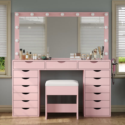 Yanosaku 15 Drawers Vanity Desk with Power Outlet, Makeup Table with Mirror and 13 LED Lights, 3 Color Lighting Modes, Brightness Adjustable, Glass Top Dressing Table, Vanity Set for Bedroom