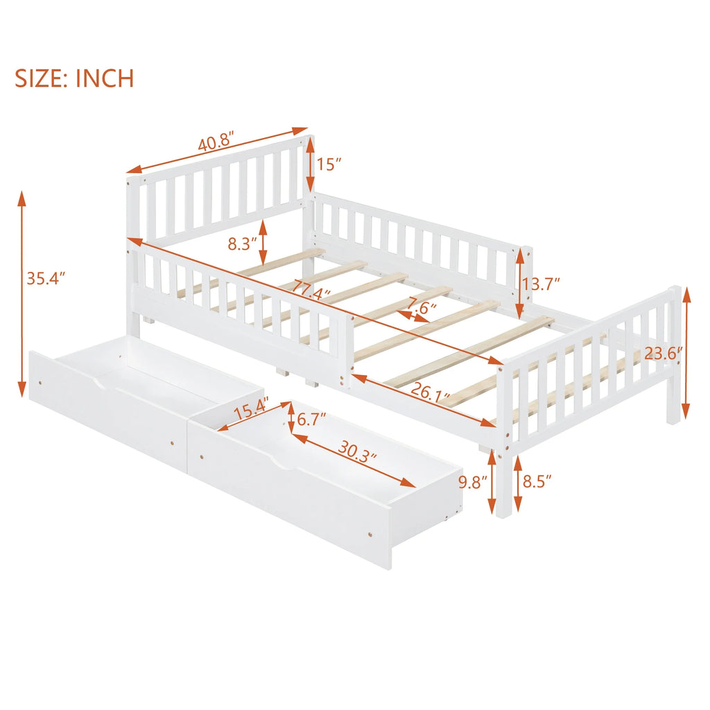 Bellemave Twin Bed with Storage Drawers and Fence Rails, Wood Platform Beds Frame with Headboard, Twin Size Storage Bed for Kids Boys Girls Teens��White)
