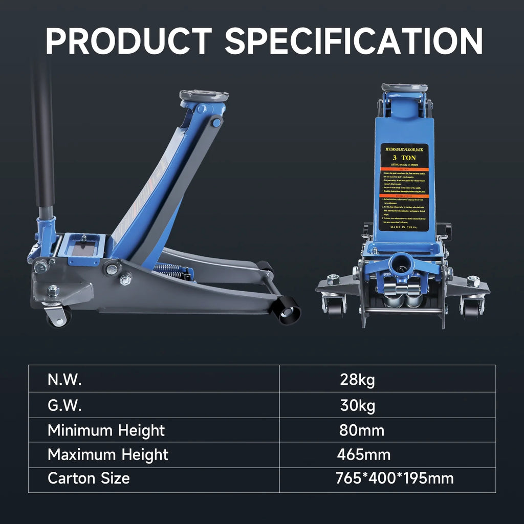 3 Ton Heavy Duty Floor Jack, Fast Lift & Stable Support, Carbon Steel Automotive Jack with Wheels, Max Lift 18.15" for Car and Truck Repair, Blue